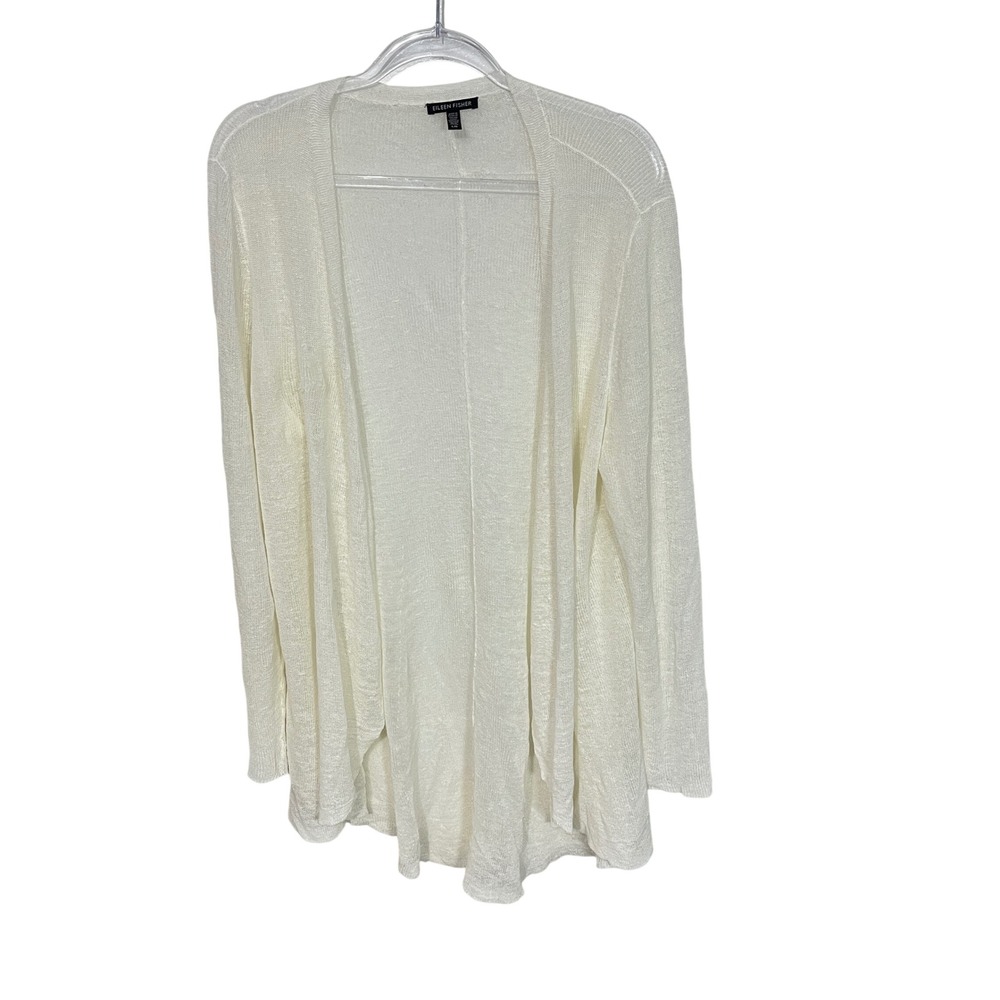 Eileen Fisher Cardigan‎ Women Large White Hemp Blend Open Front Lightweight Knit